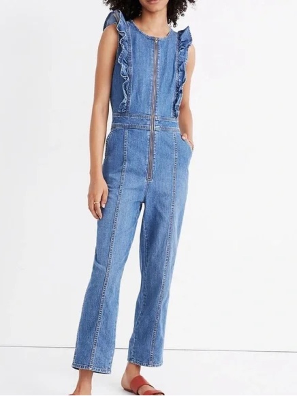 Madewell Denim Ruffle Zip Front Utility Jumpsuit Size 2